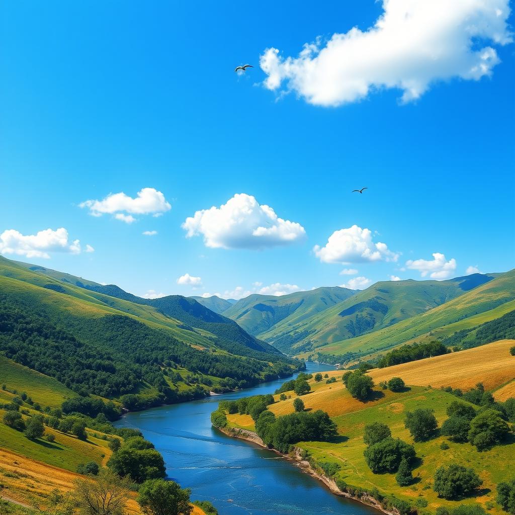 A vibrant and colorful image of a serene landscape featuring a clear blue sky, lush green hills, and a calm river flowing through the valley