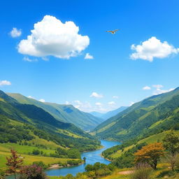 A vibrant and colorful image of a serene landscape featuring a clear blue sky, lush green hills, and a calm river flowing through the valley