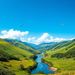 A vibrant and colorful image of a serene landscape featuring a clear blue sky, lush green hills, and a calm river flowing through the valley