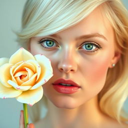 Create an image of a blonde woman with blue-green eyes and thin lips