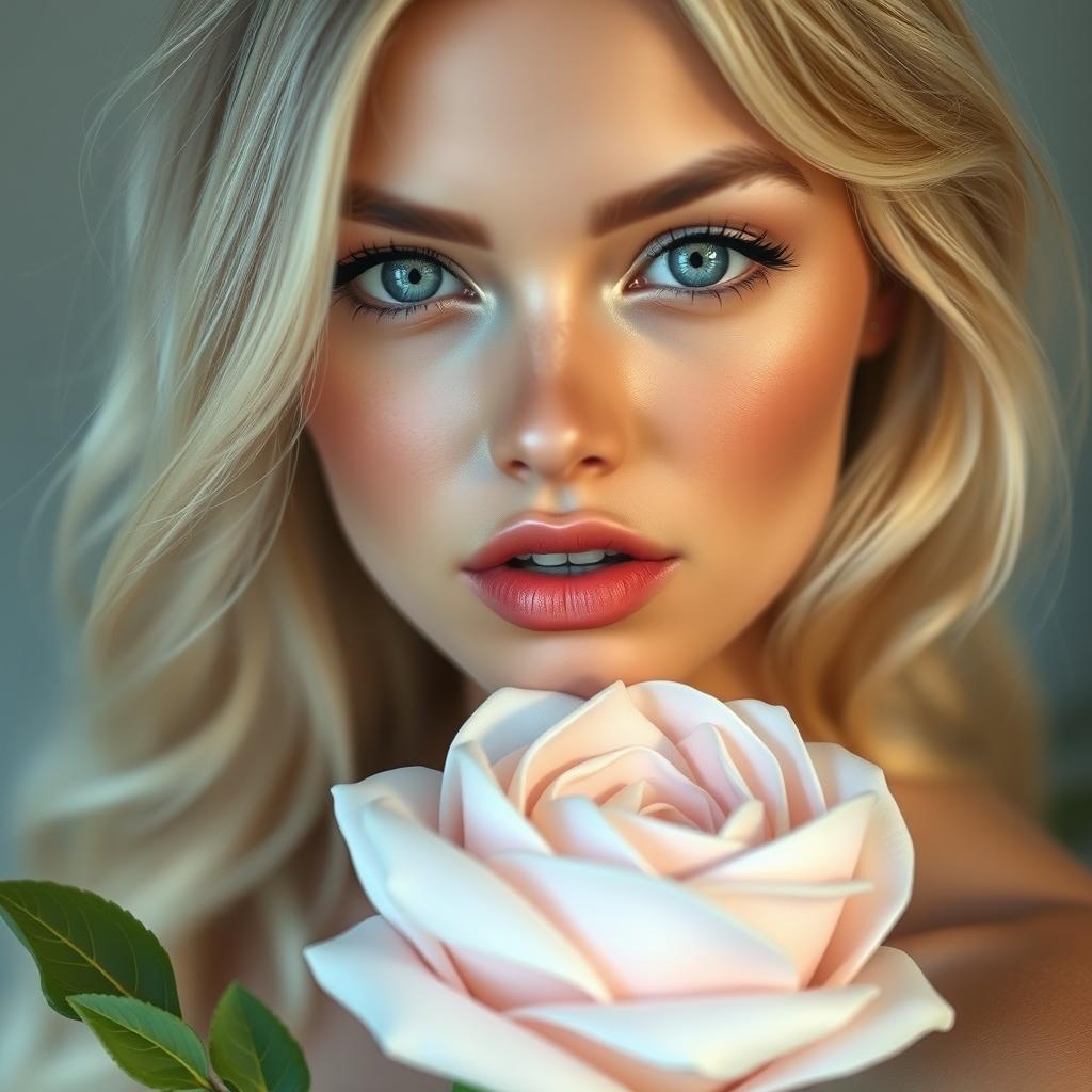 Create an image of a blonde woman with blue-green eyes and thin lips