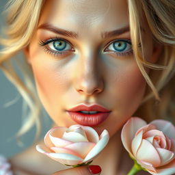 Create an image of a blonde woman with blue-green eyes and thin lips