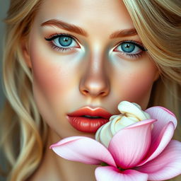 Create an image of a blonde woman with blue-green eyes and thin lips