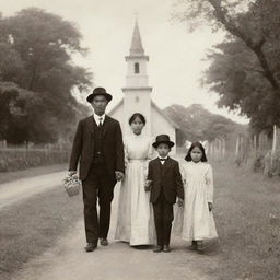 An image illustrating a Filipino family in the 1880s, dressed in their Sunday best, comfortably walking along a rural path towards a quaint, old-timey church, signifying strong familial ties and faith.