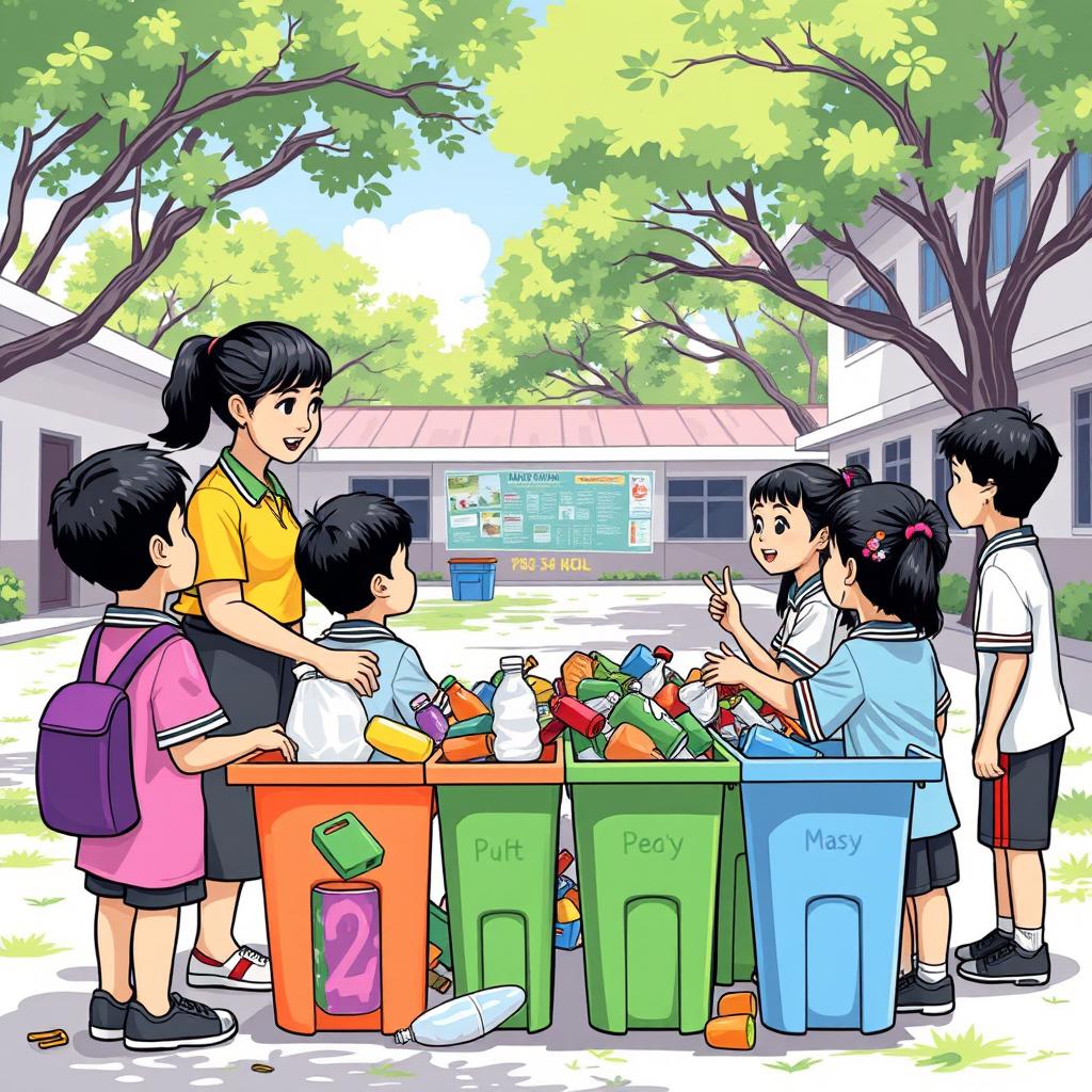 An illustration of an elementary school teacher in Indonesia teaching students how to sort plastic waste outside the classroom