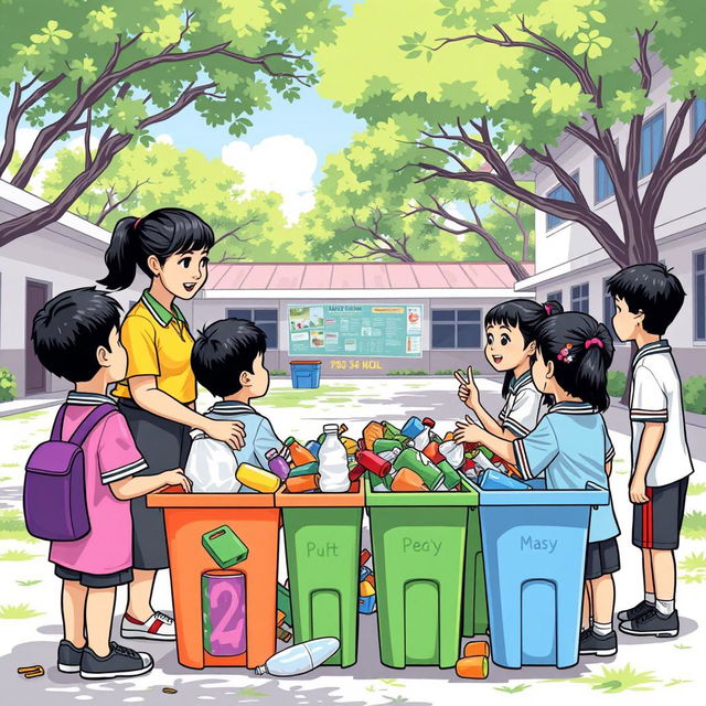 An illustration of an elementary school teacher in Indonesia teaching students how to sort plastic waste outside the classroom