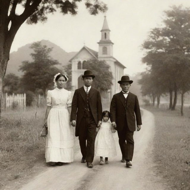 An image illustrating a Filipino family in the 1880s, dressed in their Sunday best, comfortably walking along a rural path towards a quaint, old-timey church, signifying strong familial ties and faith.