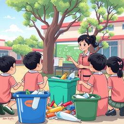 An illustration of an elementary school teacher in Indonesia teaching students how to sort plastic waste outside the classroom