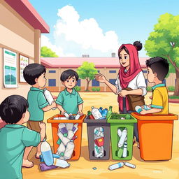 An illustration of an elementary school teacher in Indonesia teaching students how to sort plastic waste outside the classroom