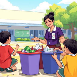 An illustration of an elementary school teacher in Indonesia teaching students how to sort plastic waste outside the classroom