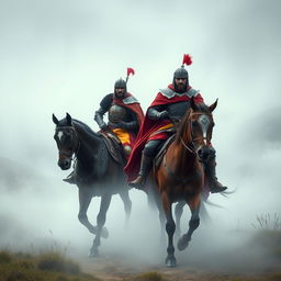 Two Spanish warriors, clad in traditional armor, emerge from a thick mist on horseback