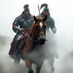 Two Spanish warriors, clad in traditional armor, emerge from a thick mist on horseback