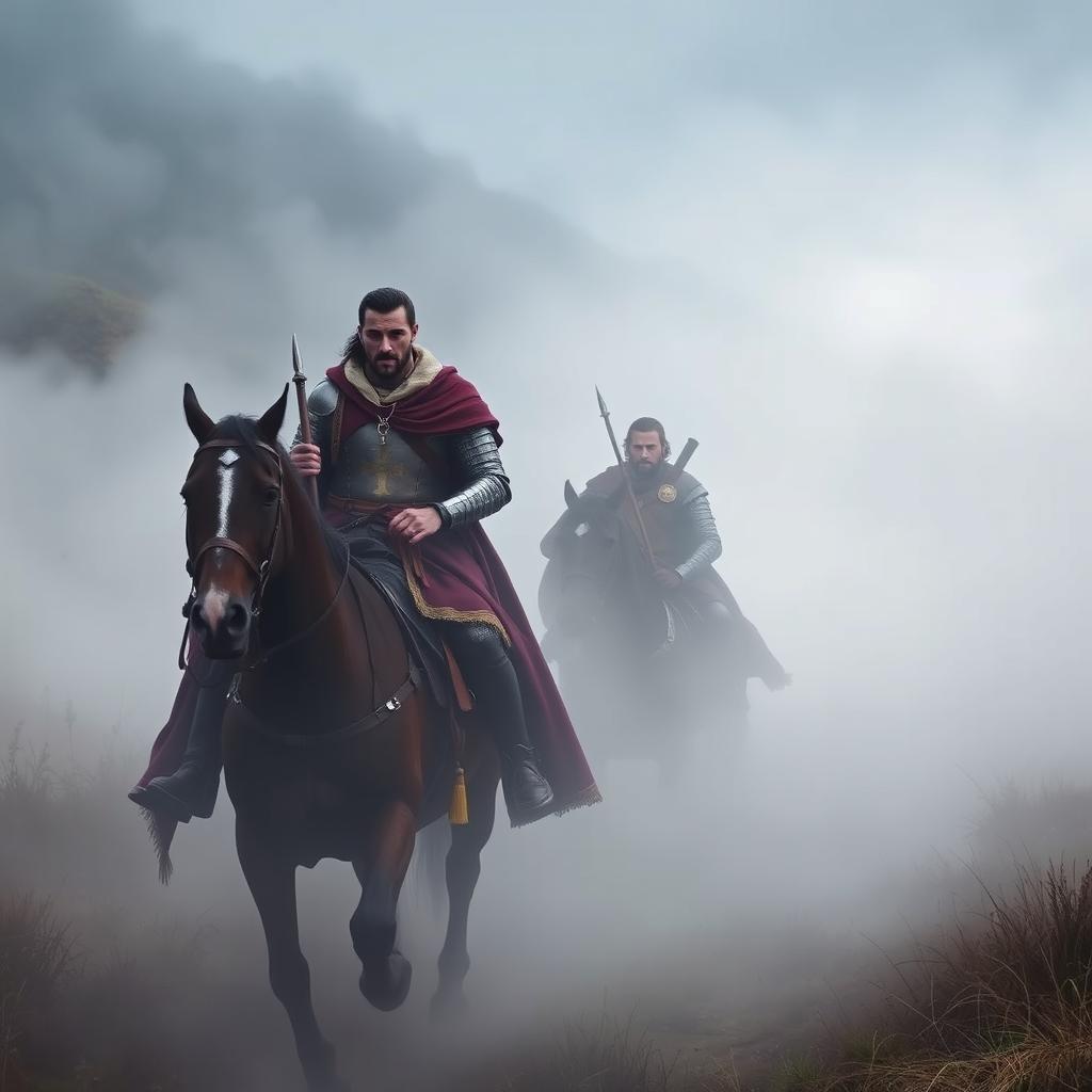 Two Spanish warriors, clad in traditional armor, emerge from a thick mist on horseback