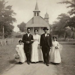 An image illustrating a Filipino family in the 1880s, dressed in their Sunday best, comfortably walking along a rural path towards a quaint, old-timey church, signifying strong familial ties and faith.