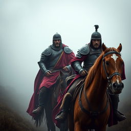 Two Spanish warriors, clad in traditional armor, emerge from a thick mist on horseback