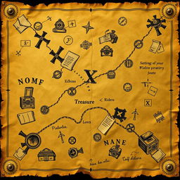 An ancient treasure map with a marked path and an 'X' indicating the treasure location