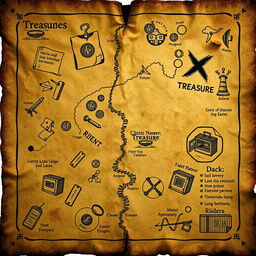 An ancient treasure map with a marked path and an 'X' indicating the treasure location