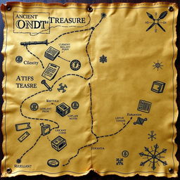 An ancient treasure map with a marked path and an 'X' indicating the treasure location