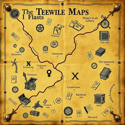 An ancient treasure map with a marked path and an 'X' indicating the treasure location