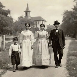 An image illustrating a Filipino family in the 1880s, dressed in their Sunday best, comfortably walking along a rural path towards a quaint, old-timey church, signifying strong familial ties and faith.