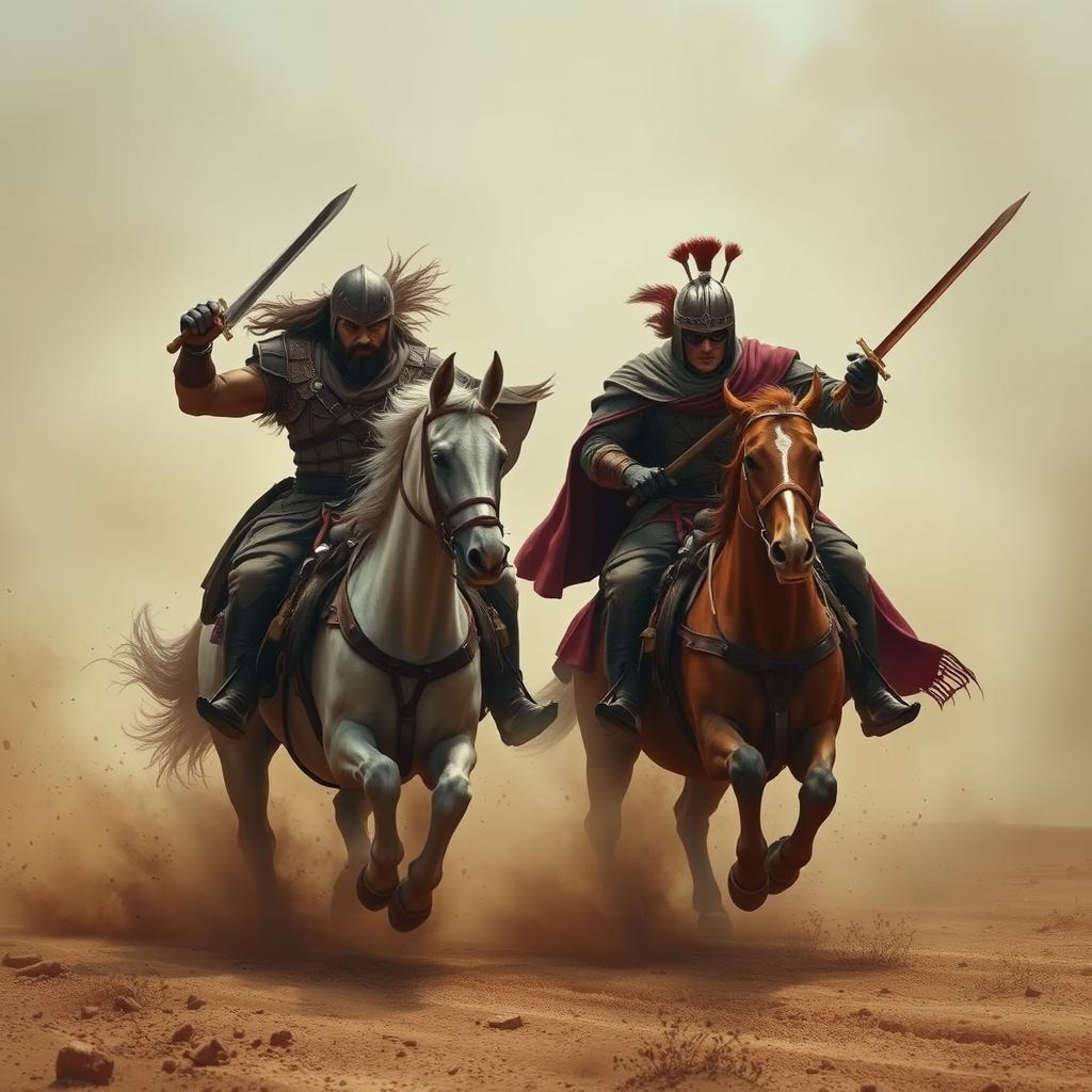 Two warriors riding and emerging quickly from the dust with swords drawn, ready for battle