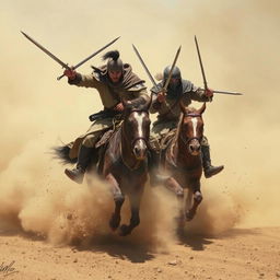 Two warriors riding and emerging quickly from the dust with swords drawn, ready for battle