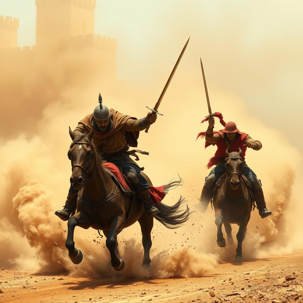 Two warriors riding and emerging quickly from the dust with swords drawn, ready for battle