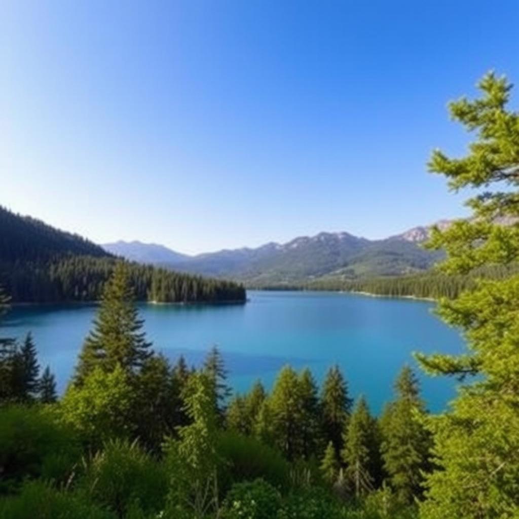 A beautiful landscape featuring a serene lake surrounded by lush green trees, with mountains in the background and a clear blue sky