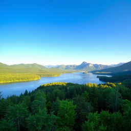 A beautiful landscape featuring a serene lake surrounded by lush green trees, with mountains in the background and a clear blue sky