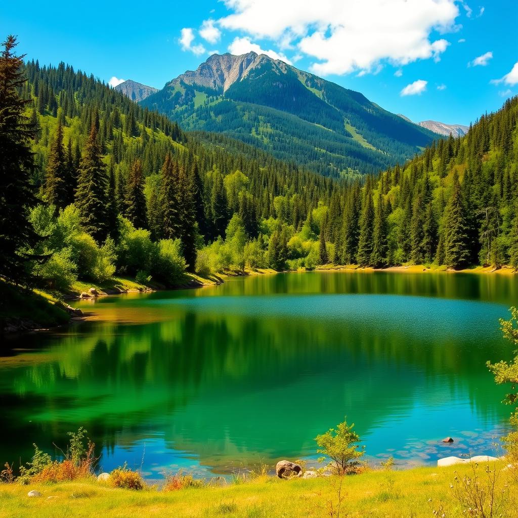 A beautiful landscape featuring a serene lake surrounded by lush green trees, with mountains in the background and a clear blue sky