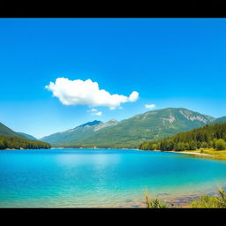 A serene landscape featuring a clear blue lake surrounded by lush green trees and mountains in the background under a bright blue sky with a few fluffy white clouds