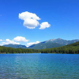 A serene landscape featuring a clear blue lake surrounded by lush green trees and mountains in the background under a bright blue sky with a few fluffy white clouds