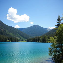 A serene landscape featuring a clear blue lake surrounded by lush green trees and mountains in the background under a bright blue sky with a few fluffy white clouds