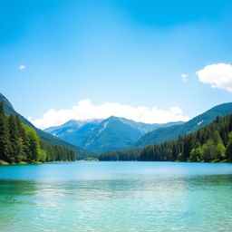 A serene landscape featuring a clear blue lake surrounded by lush green trees and mountains in the background under a bright blue sky with a few fluffy white clouds