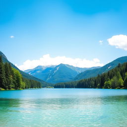 A serene landscape featuring a clear blue lake surrounded by lush green trees and mountains in the background under a bright blue sky with a few fluffy white clouds