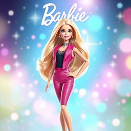 A vibrant and colorful image of Barbie in a stylish outfit, standing in front of a dreamy background with sparkles and pastel colors