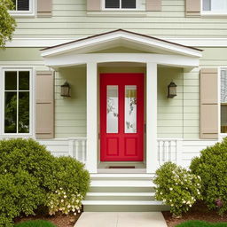 Show me a house with an eclectic color scheme, featuring a light sage green exterior, crisp white trim, and a cherry red door.