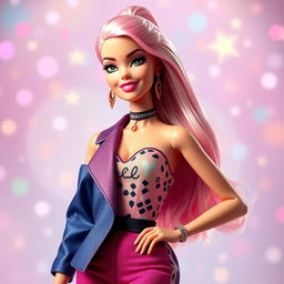 A vibrant and colorful image of Barbie in a stylish outfit, standing in front of a dreamy background with sparkles and pastel colors