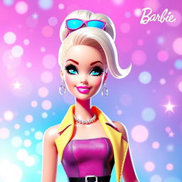 A vibrant and colorful image of Barbie in a stylish outfit, standing in front of a dreamy background with sparkles and pastel colors