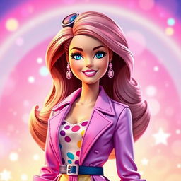 A vibrant and colorful image of Barbie in a stylish outfit, standing in front of a dreamy background with sparkles and pastel colors