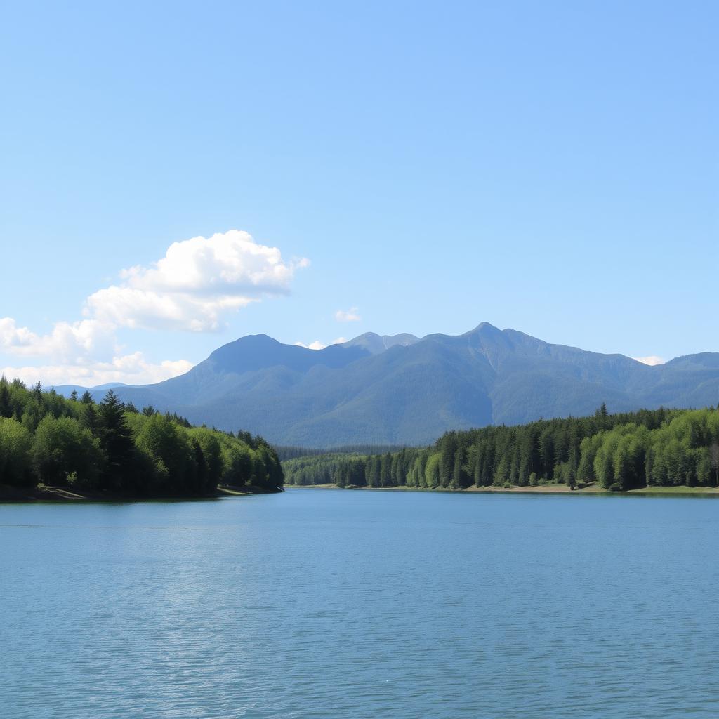 A beautiful landscape featuring a serene lake surrounded by lush green trees and mountains in the background