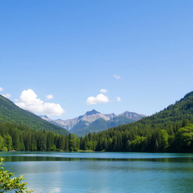 A beautiful landscape featuring a serene lake surrounded by lush green trees and mountains in the background