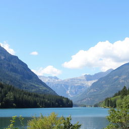 A beautiful landscape featuring a serene lake surrounded by lush green trees and mountains in the background