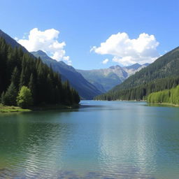 A beautiful landscape featuring a serene lake surrounded by lush green trees and mountains in the background