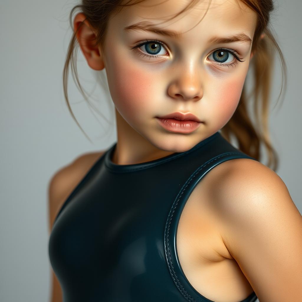 A young realistic girl wearing a latex swimsuit