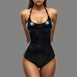 A realistic depiction of a girl wearing a latex swimsuit, shown in a full body view