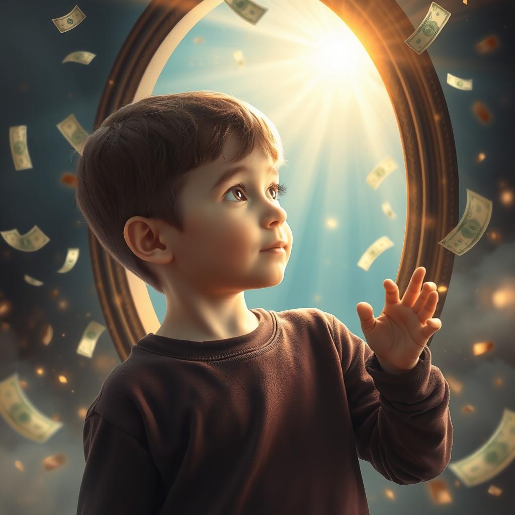 A young boy gazes into a magical portal, seeing his future self as a wealthy and successful individual