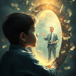 A young boy gazes into a magical portal, seeing his future self as a wealthy and successful individual