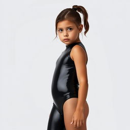 A realistic depiction of a young girl wearing a black latex swimsuit, shown in a full body view