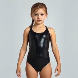 A realistic depiction of a young girl wearing a black latex swimsuit, shown in a full body view